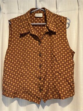 Sleeveless vintage  Brown Geometric Button-Up Top